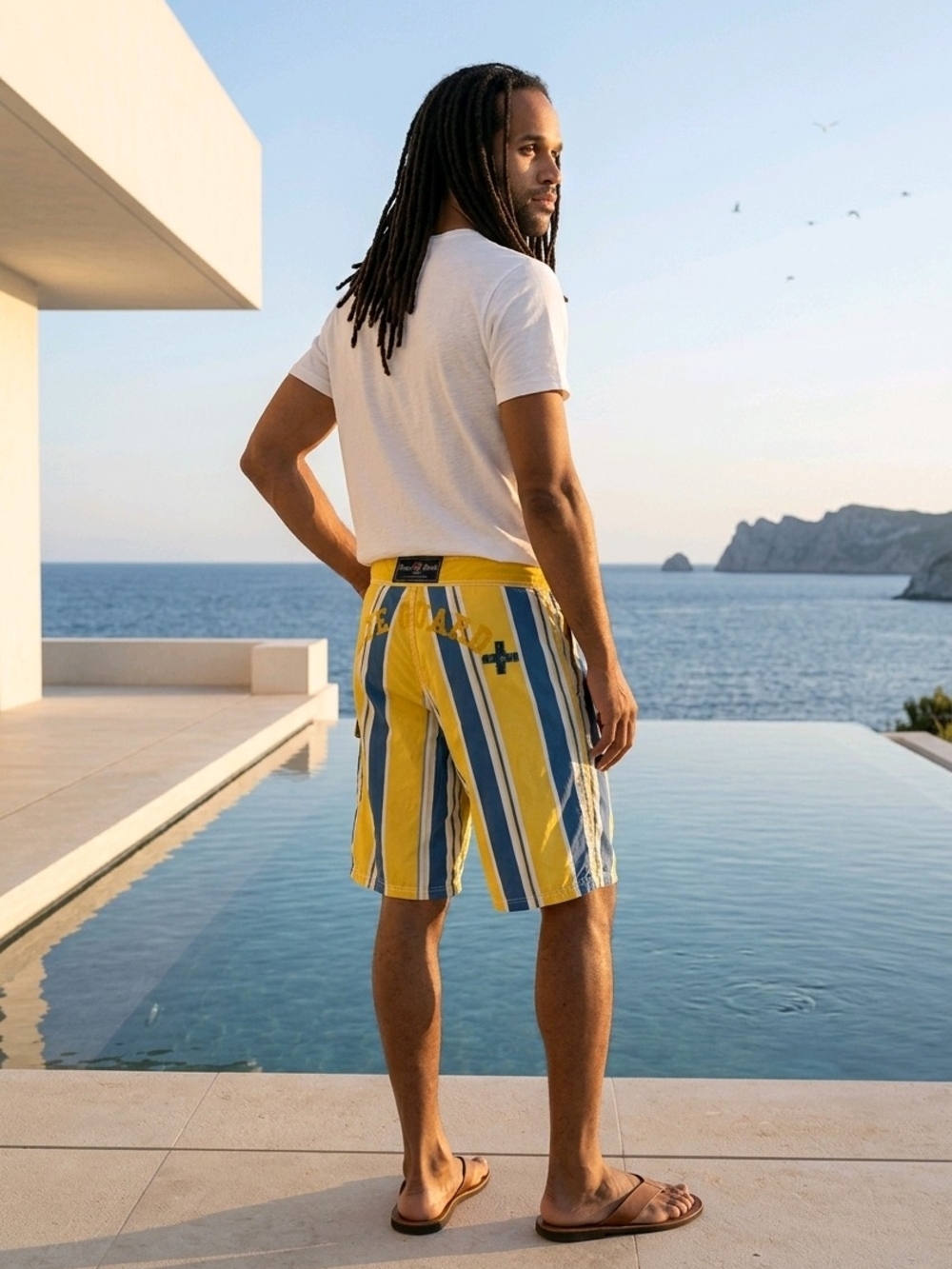 River Woods Men’s Board Shorts Size L Yellow Blue Striped Swim Trunks